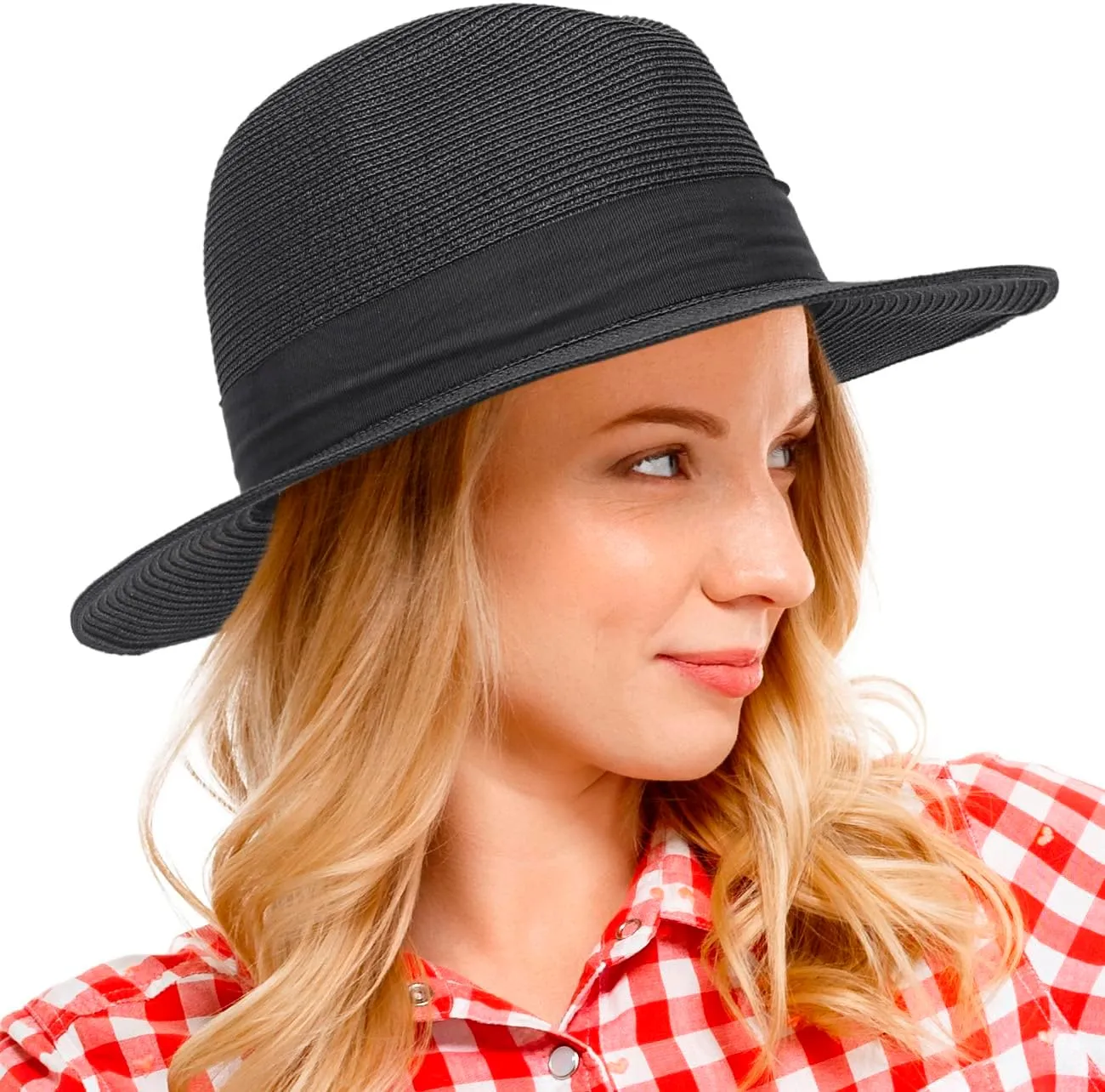 Women Straw Panama Beach Hat Packable Foldable Summer Fedora Wide Brim Sun Hats