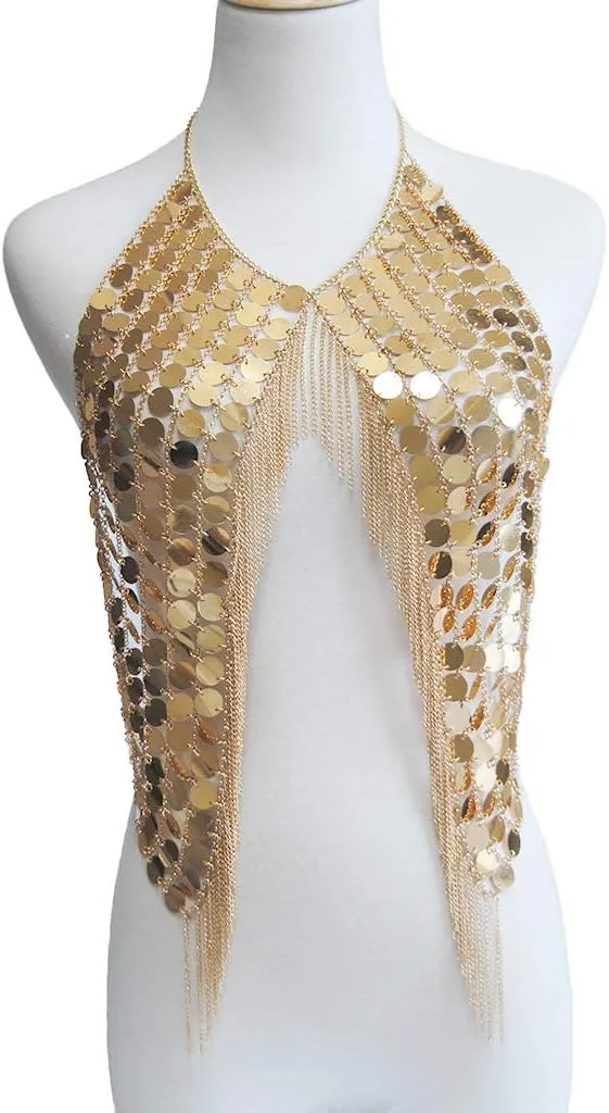 Women's body chain sexy tassel Sequin bra jewelry sling body chain wedding Halloween Costume Top Party Beach jewelry golden (golden-3606) (golden-3606)