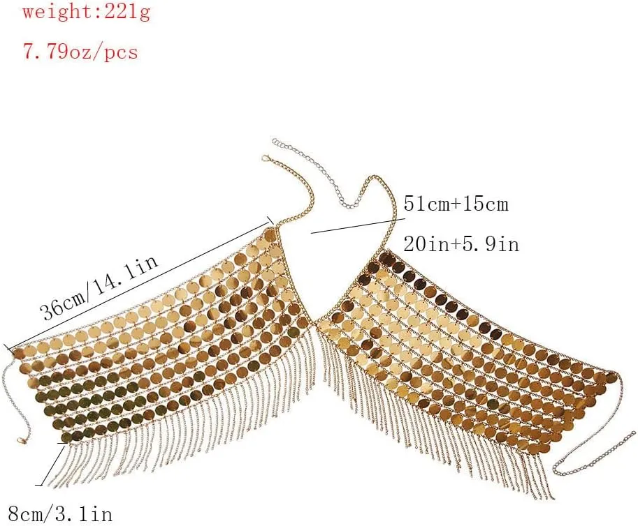Women's body chain sexy tassel Sequin bra jewelry sling body chain wedding Halloween Costume Top Party Beach jewelry golden (golden-3606) (golden-3606)