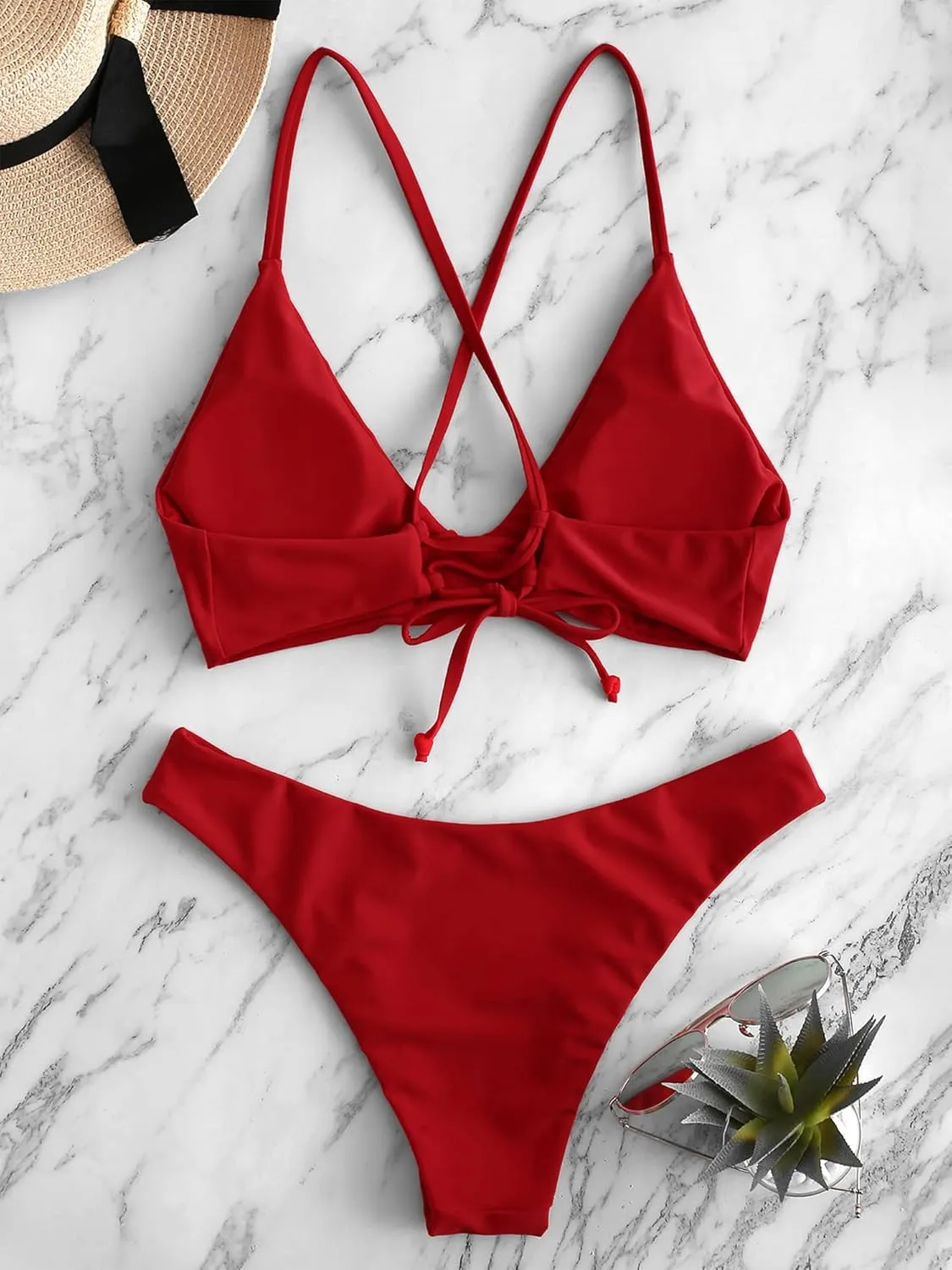ZAFUL Women's Tie Back Padded High Cut Bralette Bikini Set Two Piece Swimsuit