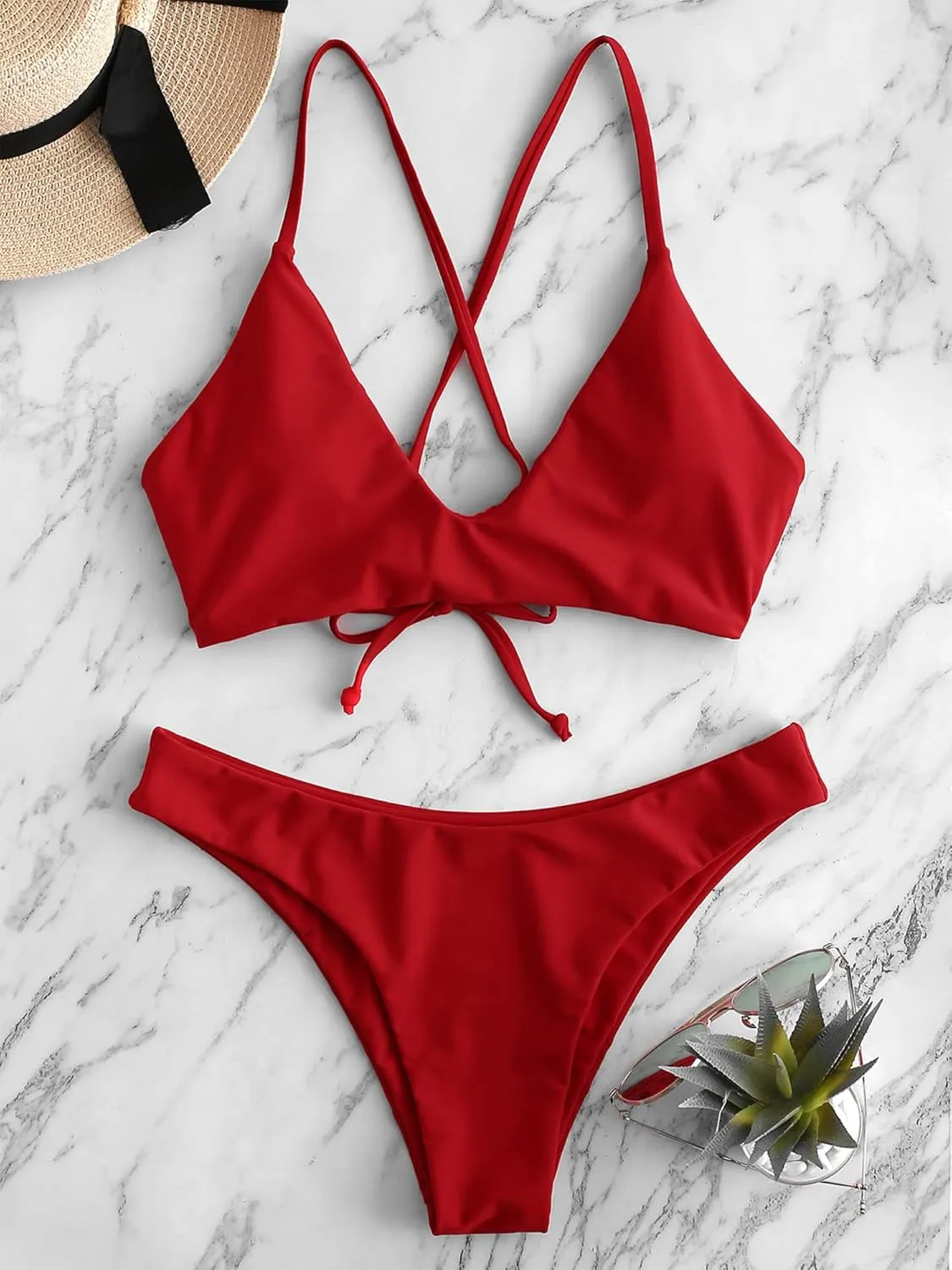 ZAFUL Women's Tie Back Padded High Cut Bralette Bikini Set Two Piece Swimsuit